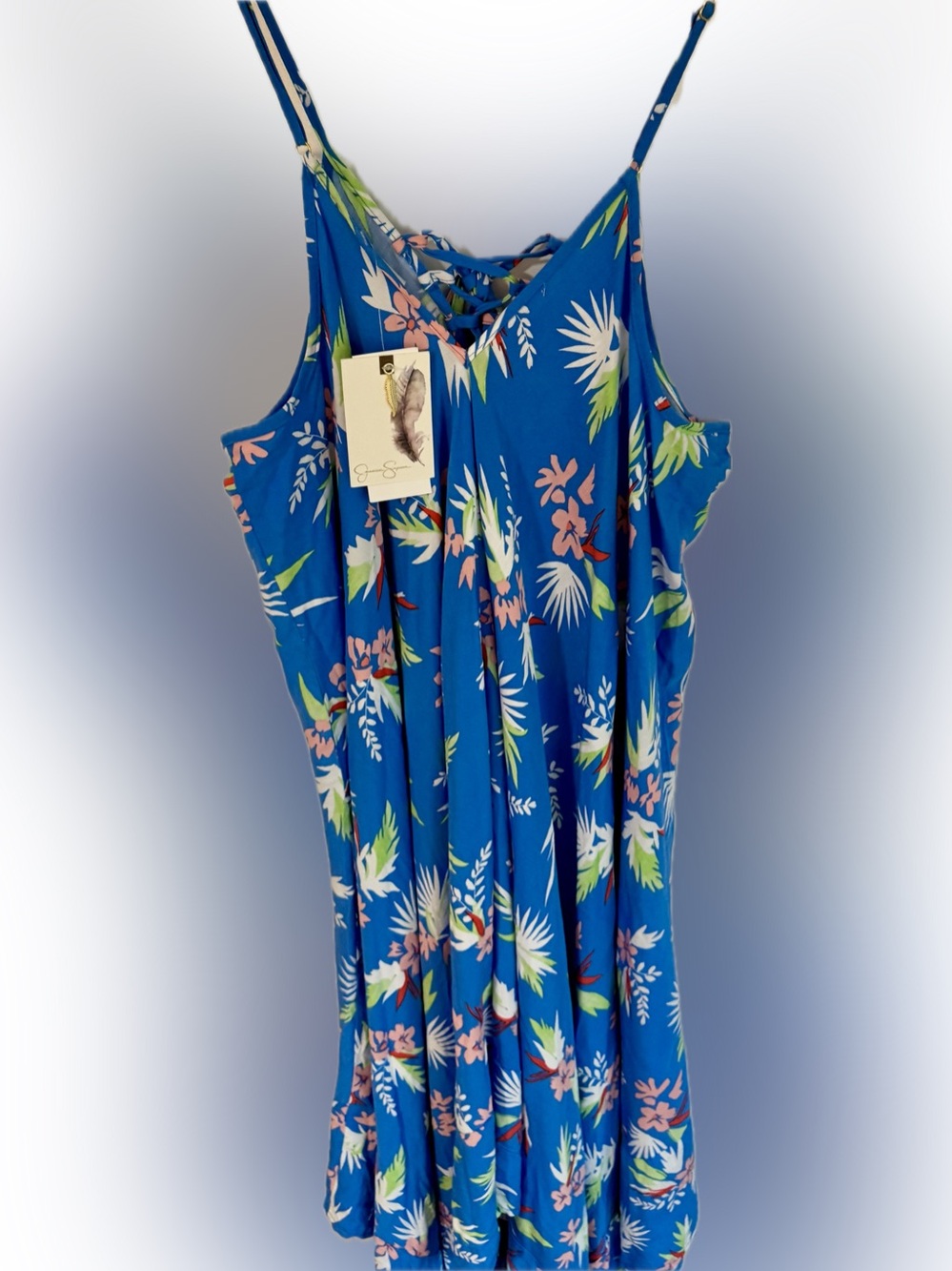 JESSICA SIMPSON Tropical Floral Dress | Size Large | NWT | Handkerchief Hem Blue